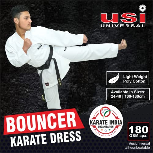 USI UNIVERSAL Karate Dress, 417KB Bouncer Karate Dress, Including White Belt, Karate Uniform Made of Light Weight Poly Cotton, Twill Weave, Basic Cut, Elastic Waist, Woven Labels (Size 150cm) - Image 3