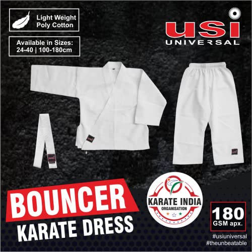 USI UNIVERSAL Karate Dress, 417KB Bouncer Karate Dress, Including White Belt, Karate Uniform Made of Light Weight Poly Cotton, Twill Weave, Basic Cut, Elastic Waist, Woven Labels (Size 150cm) - Image 2