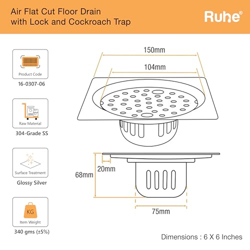 Ruhe® Full Moon Square Floor Drain | 304-Grade Stainless Steel Floor | 6 x 6 inches | Floor Drain with Cockroach Trap/Jali - Image 2
