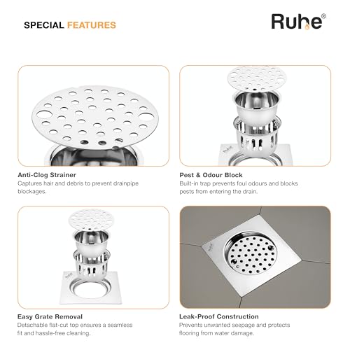 Ruhe® Full Moon Square Floor Drain | 304-Grade Stainless Steel Floor | 6 x 6 inches | Floor Drain with Cockroach Trap/Jali - Image 4