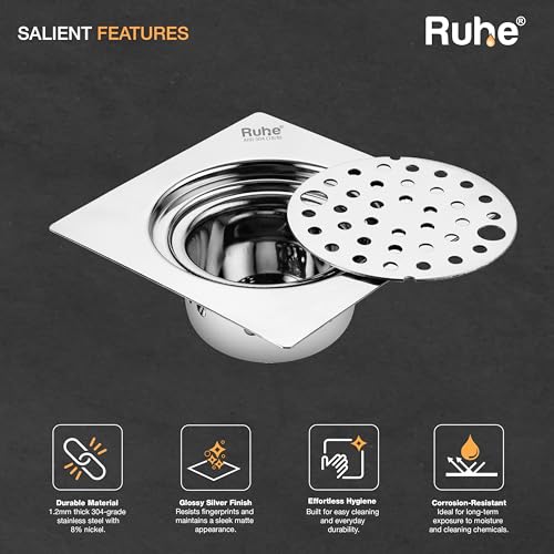 Ruhe® Full Moon Square Floor Drain | 304-Grade Stainless Steel Floor | 6 x 6 inches | Floor Drain with Cockroach Trap/Jali - Image 3