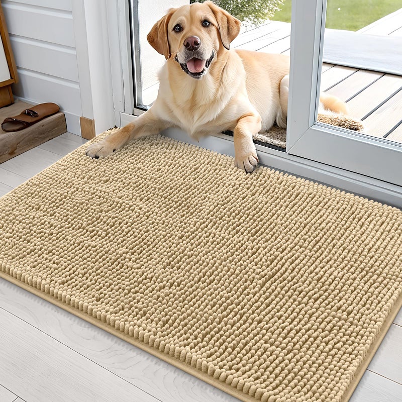OLANLY Dog Door Mat for Muddy Paws 36x24, Absorbs Moisture and Dirt, Absorbent Non-Slip Washable Doormat, Quick Dry Chenille Mud Mat for Dogs, Entry Indoor Entryway Carpet for Inside Floor, Beige - Image 1