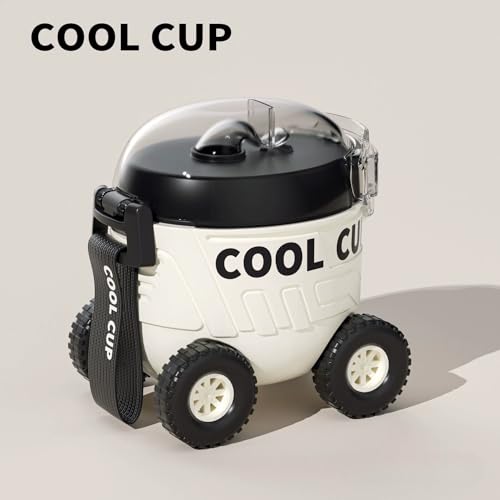 KERFORA Leakproof Large Capacity Cool Car Sports Water Bottle Cute Cartoon Design, BPA-Free for Outdoor Activities with Straw and Adjustable Strap (Cool Cup, White) - Image 3