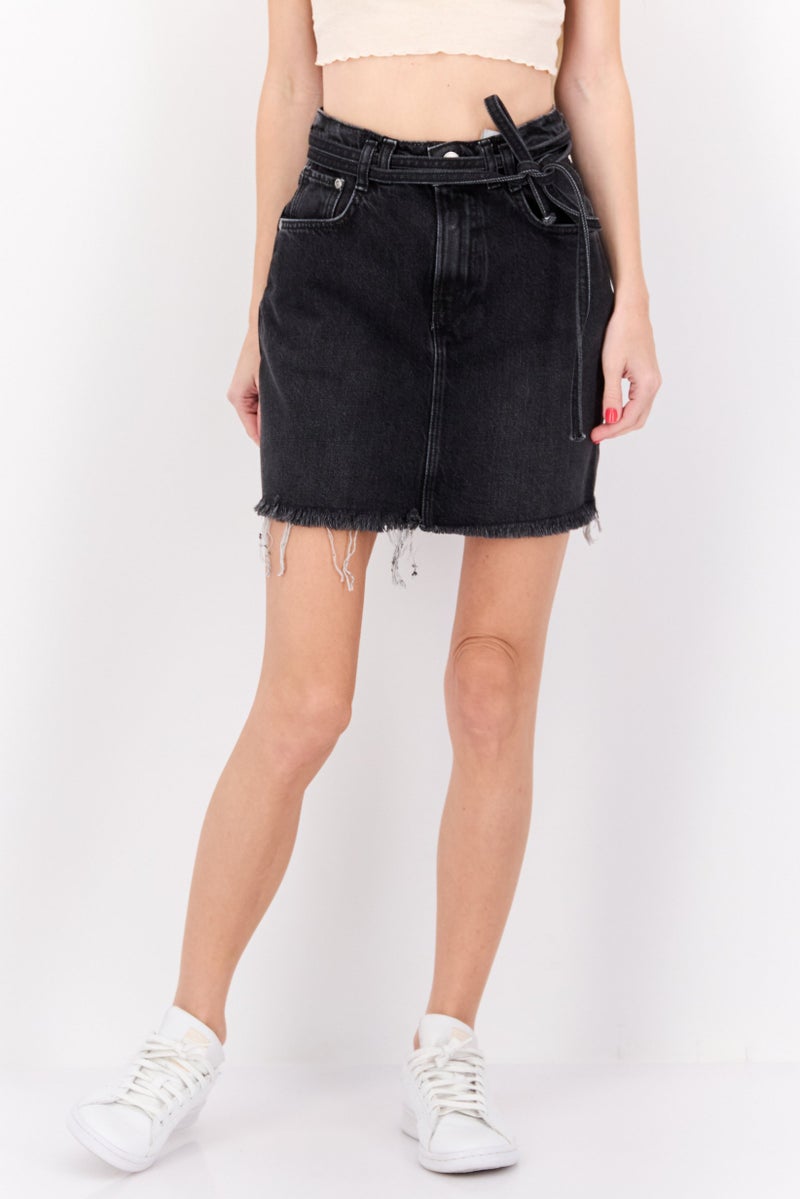 Pepe Jeans Women Washed High Waist Belted Denim Skirt, Black - Image 1