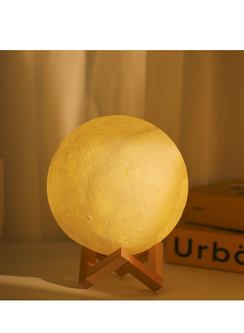3D Moon Lamp with 15 cm Wooden Base - Gift for Lover, LED Night Light, Mood Lighting with Touch Control Brightness for Home Décor, Bedroom, Women Kids Moonlight - White & Yellow  - Image 1