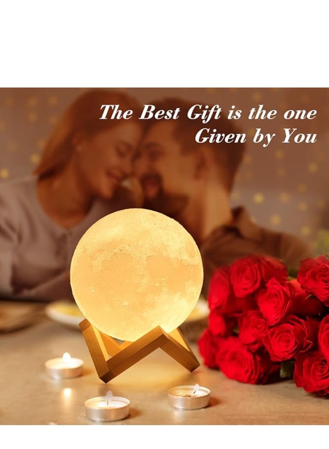 3D Moon Lamp with 15 cm Wooden Base - Gift for Lover, LED Night Light, Mood Lighting with Touch Control Brightness for Home Décor, Bedroom, Women Kids Moonlight - White & Yellow  - Image 2