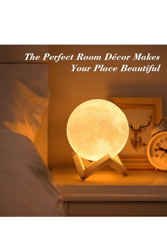 3D Moon Lamp with 15 cm Wooden Base - Gift for Lover, LED Night Light, Mood Lighting with Touch Control Brightness for Home Décor, Bedroom, Women Kids Moonlight - White & Yellow  - Image 3