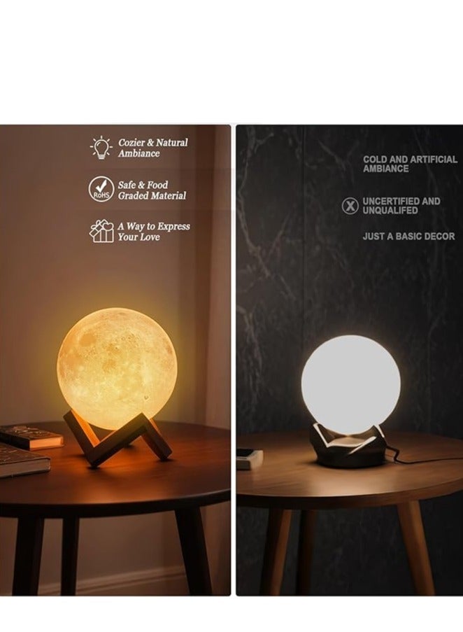 3D Moon Lamp with 15 cm Wooden Base - Gift for Lover, LED Night Light, Mood Lighting with Touch Control Brightness for Home Décor, Bedroom, Women Kids Moonlight - White & Yellow  - Image 4