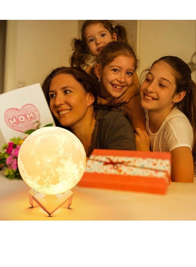 3D Moon Lamp with 15 cm Wooden Base - Gift for Lover, LED Night Light, Mood Lighting with Touch Control Brightness for Home Décor, Bedroom, Women Kids Moonlight - White & Yellow  - Image 5