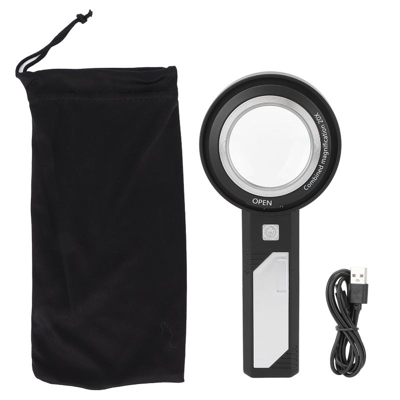 Handheld Magnifying Glass 8X/20X Dual Lens With 6 LED Auxiliary Lights - Ergonomic Non-Slip Handle Portable Rechargeable Magnifier for Low Vision, Elderly, Reading, Antique Appreciation, Manual Repair - Image 1
