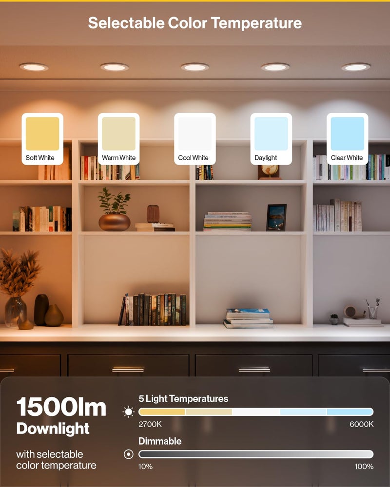 Sunco Lighting Sunco 6 Inch LED Recessed Light with Night Light, Canless Recessed Lighting, 1500 LM, 15W (150W Equivalent), Selectable CCT 2700K/3000K/4000K/5000K/6000K, Dimmable, with Junction Box 4 Pack. - Image 3