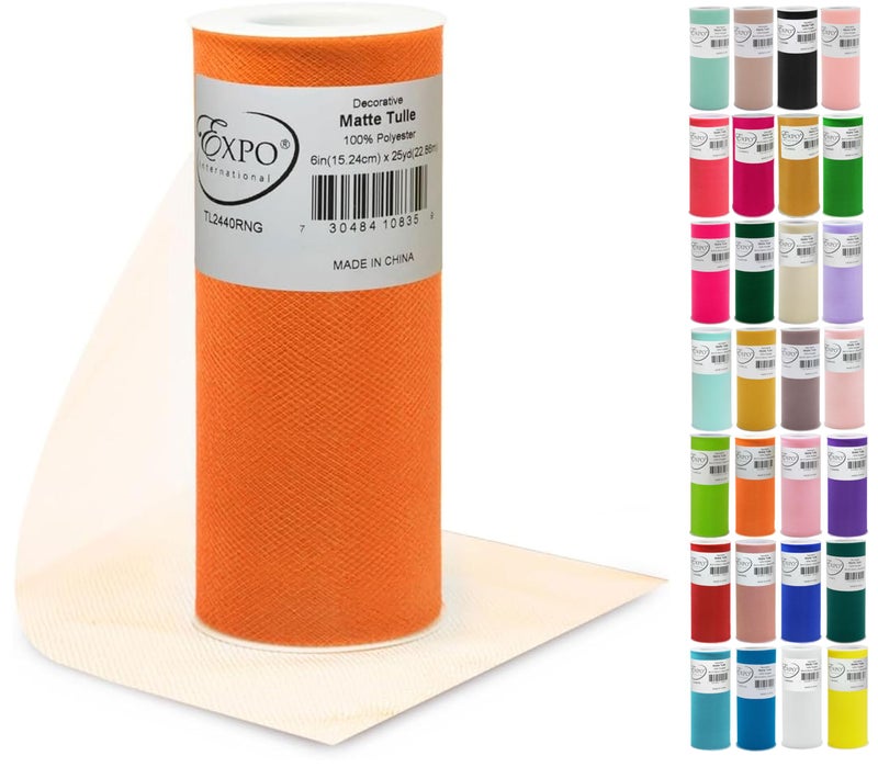 Expo International Decorative Matte Tulle, Lightweight Polyester Tulle Fabric for Tutus, Costumes, and Party Decorations, Washable, Easy-to-Use, 6 Inch x 25 Yards, Orange, Pack of 1 - Image 1