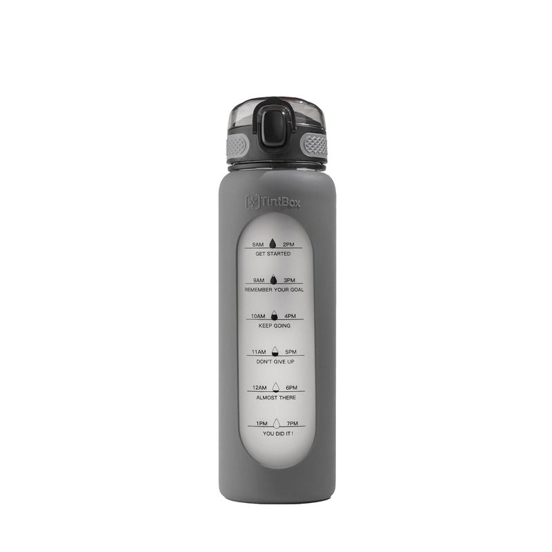 TintBox 1 Litre Motivational Borosilicate Glass Sipper with Silicone Sleeve, Time Markings, Leak-Proof (Gravity Grey) - Image 1