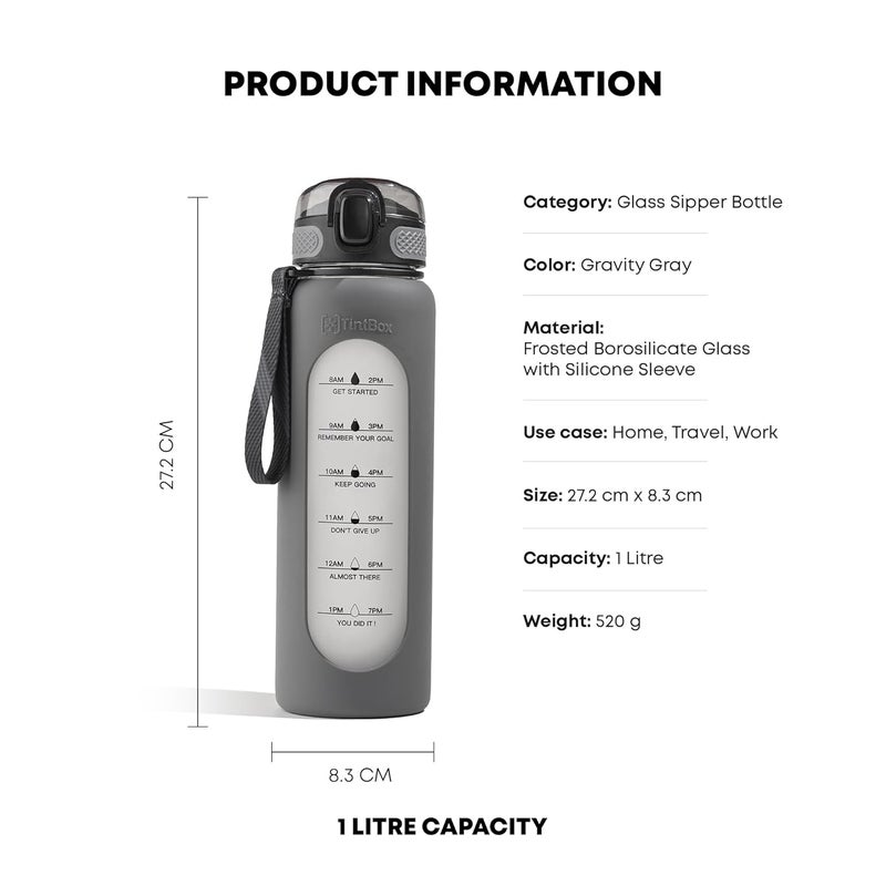 TintBox 1 Litre Motivational Borosilicate Glass Sipper with Silicone Sleeve, Time Markings, Leak-Proof (Gravity Grey) - Image 2