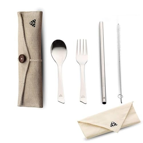 Rusabl Stainless Steel Cutlery Set (Pack of 5, Beige) Reusable Travel Pack for Daily Use, Gifting and Travelling (Spoon, Fork, Steel Straw, Cleaning Brush, Napkin and Jute Pouch) - Image 1