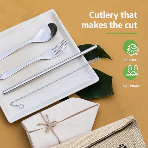 Rusabl Stainless Steel Cutlery Set (Pack of 5, Beige) Reusable Travel Pack for Daily Use, Gifting and Travelling (Spoon, Fork, Steel Straw, Cleaning Brush, Napkin and Jute Pouch) - Image 5