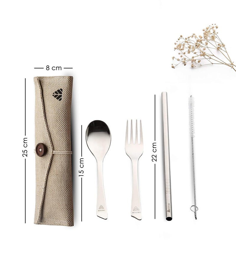 Rusabl Stainless Steel Cutlery Set (Pack of 5, Beige) Reusable Travel Pack for Daily Use, Gifting and Travelling (Spoon, Fork, Steel Straw, Cleaning Brush, Napkin and Jute Pouch) - Image 4