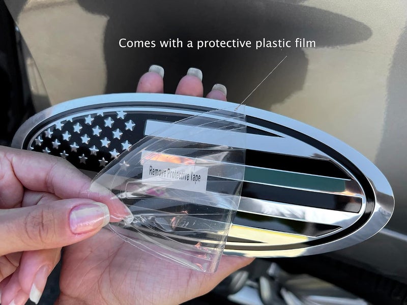 eVerHITCH 7.75 inch Tailgate Overlay Aluminum Oval American Black Flag Emblem for Ford Expedition (Chrome and Black, 7.75") - Image 3