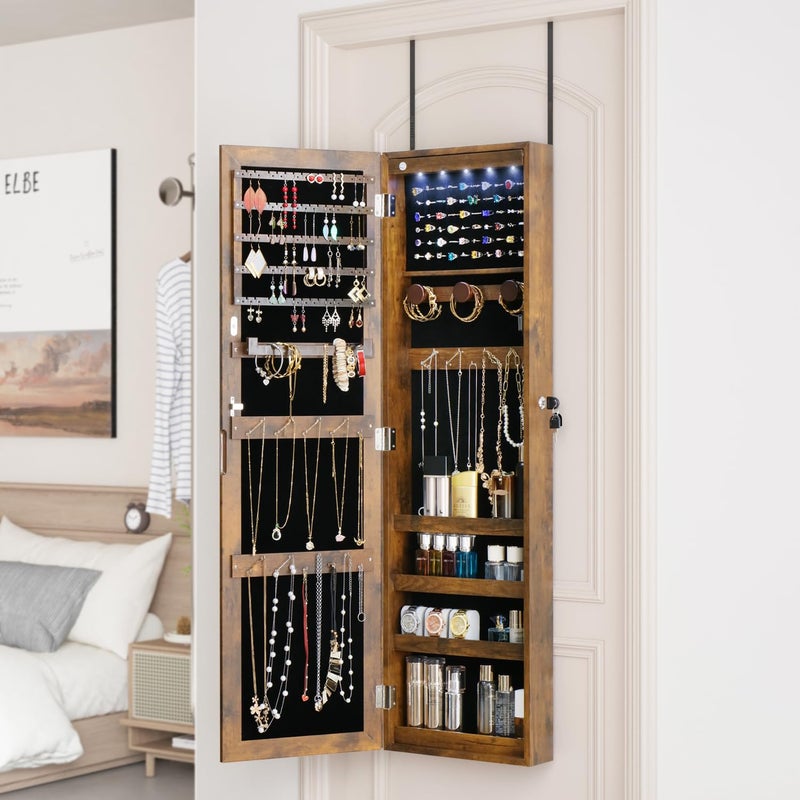 MASMIRE Full Length Mirror Jewelry Cabinet Organizer Lockable Door Wall-Mounted Jewelry Armoire with Shelves and Behind the Door Storage Rustic Brown - Image 5