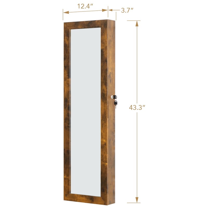 MASMIRE Full Length Mirror Jewelry Cabinet Organizer Lockable Door Wall-Mounted Jewelry Armoire with Shelves and Behind the Door Storage Rustic Brown - Image 4