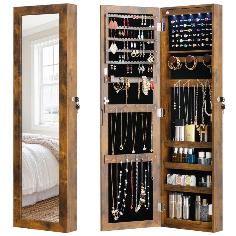 MASMIRE Full Length Mirror Jewelry Cabinet Organizer Lockable Door Wall-Mounted Jewelry Armoire with Shelves and Behind the Door Storage Rustic Brown - Image 1