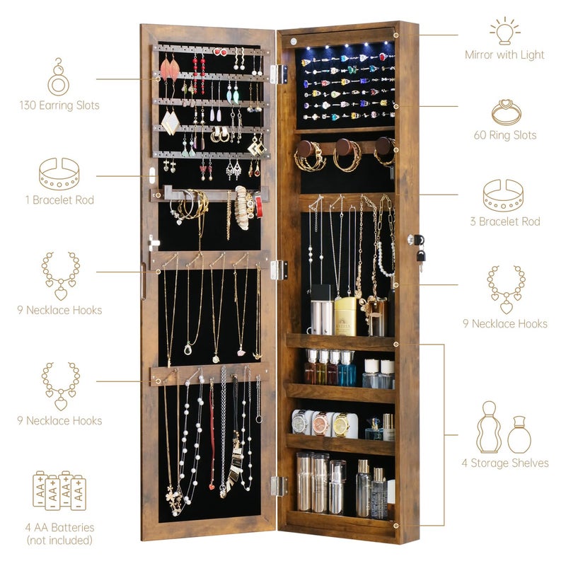 MASMIRE Full Length Mirror Jewelry Cabinet Organizer Lockable Door Wall-Mounted Jewelry Armoire with Shelves and Behind the Door Storage Rustic Brown - Image 3