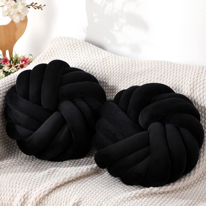 Fumete 2 Pcs 14 Inches Knot Pillow Round Throw Soft Plush Knot Ball Pillow Handmade Knotted Modern Home Decorative Cushion for Bed Bedroom Sofa Couch Black