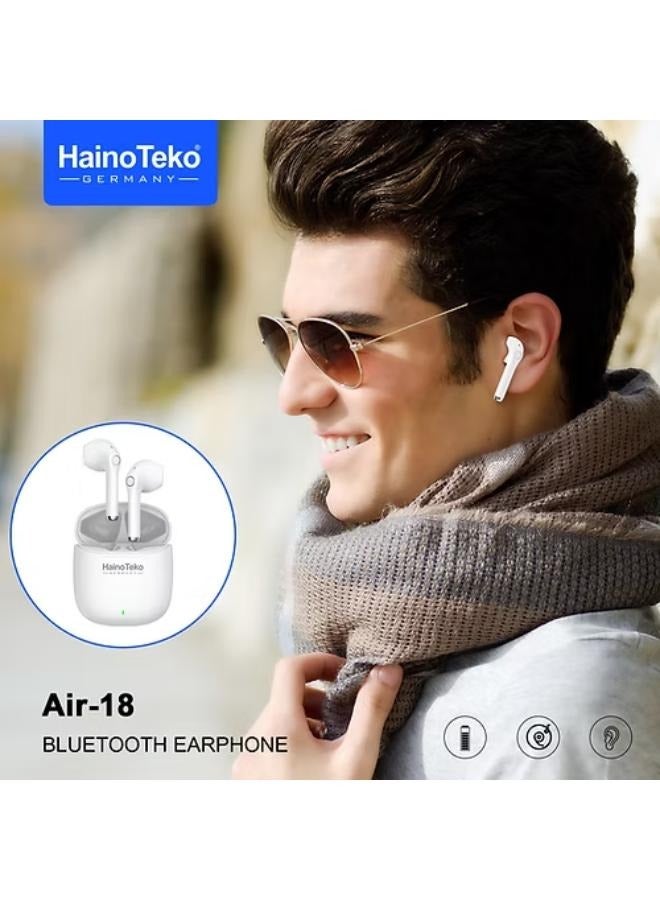 Haino Teko Air-18 Bluetooth Earphones with High-Quality Sound, Super Clear Mic, and Touch Controls – Stylish & Comfortable White Wireless Earphones for Music, Calls, and Sports. - Image 2