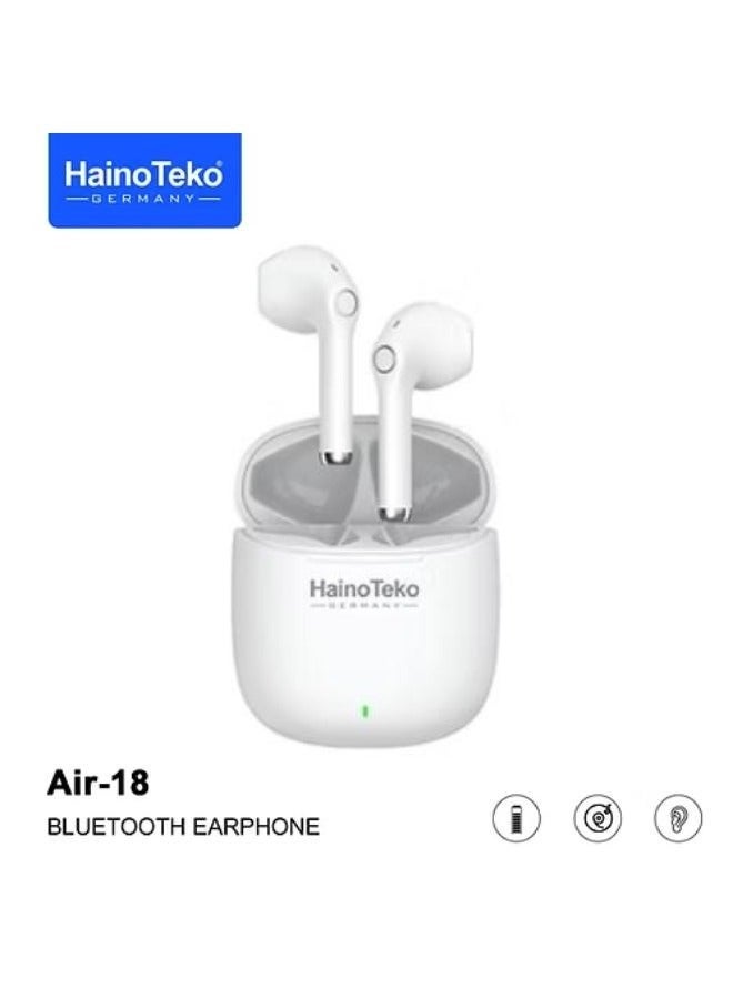Haino Teko Air-18 Bluetooth Earphones with High-Quality Sound, Super Clear Mic, and Touch Controls – Stylish & Comfortable White Wireless Earphones for Music, Calls, and Sports. - Image 1
