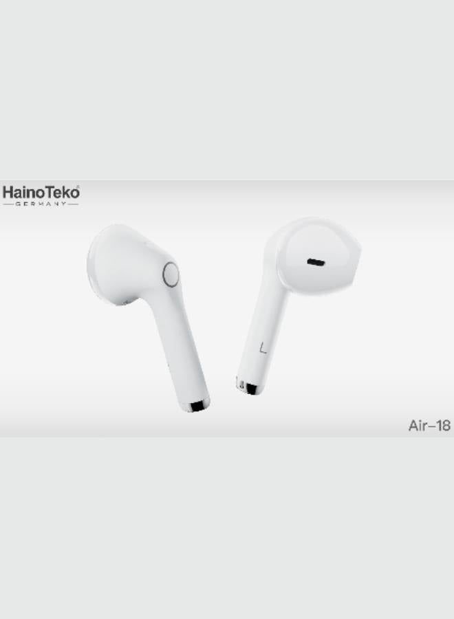 Haino Teko Air-18 Bluetooth Earphones with High-Quality Sound, Super Clear Mic, and Touch Controls – Stylish & Comfortable White Wireless Earphones for Music, Calls, and Sports. - Image 3