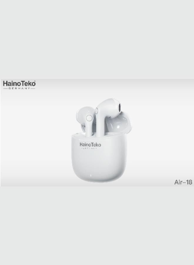 Haino Teko Air-18 Bluetooth Earphones with High-Quality Sound, Super Clear Mic, and Touch Controls – Stylish & Comfortable White Wireless Earphones for Music, Calls, and Sports. - Image 4