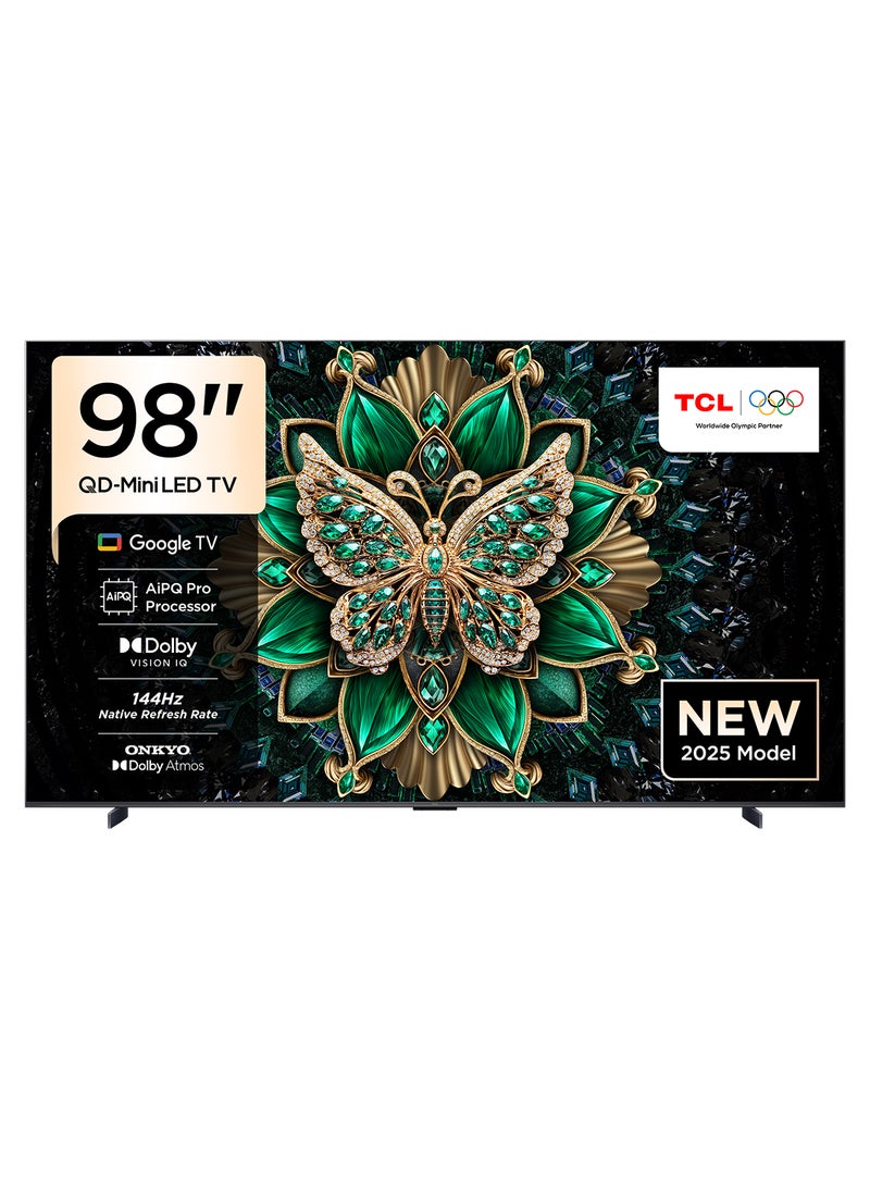 تي سي إل تلفاز ذكي 98 بوصة 4K QD-Mini LED ملون كريستال كوانتم HDR 10+ للألعاب Google TV، معدل تحديث أصلي 144Hz، ONKYO 2.1 Hi-Fi، Dolby Atmos، وضع الذكاء الاصطناعي، Game Master (طراز 2025)، ضمان لمدة سنتين - Image 1
