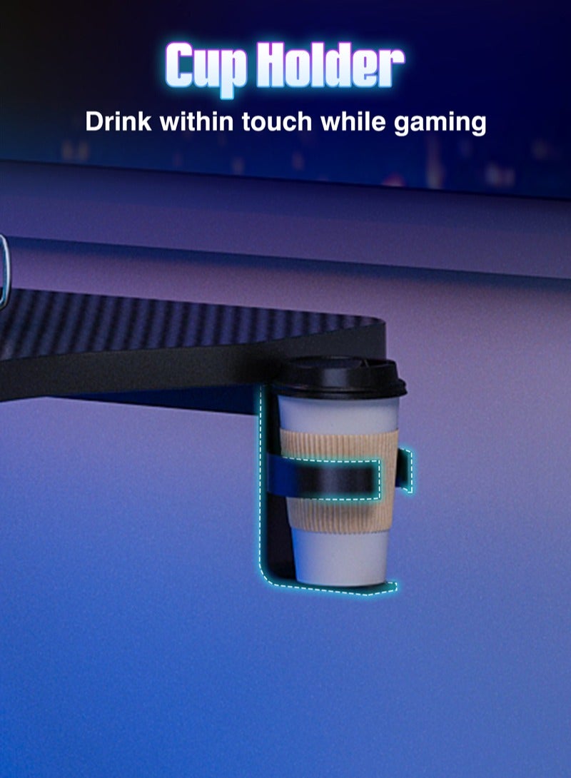 Lafulaifu طاولة ألعاب مريحة بسطح من ألياف الكربون، وخطاف سماعة رأس وحامل أكواب، ومكتب ألعاب 110×55×74 سم، ومكتب دراسة بفتحات كابلات مزدوجة، ومكتب كمبيوتر مثالي للاعبي الألعاب - Image 4