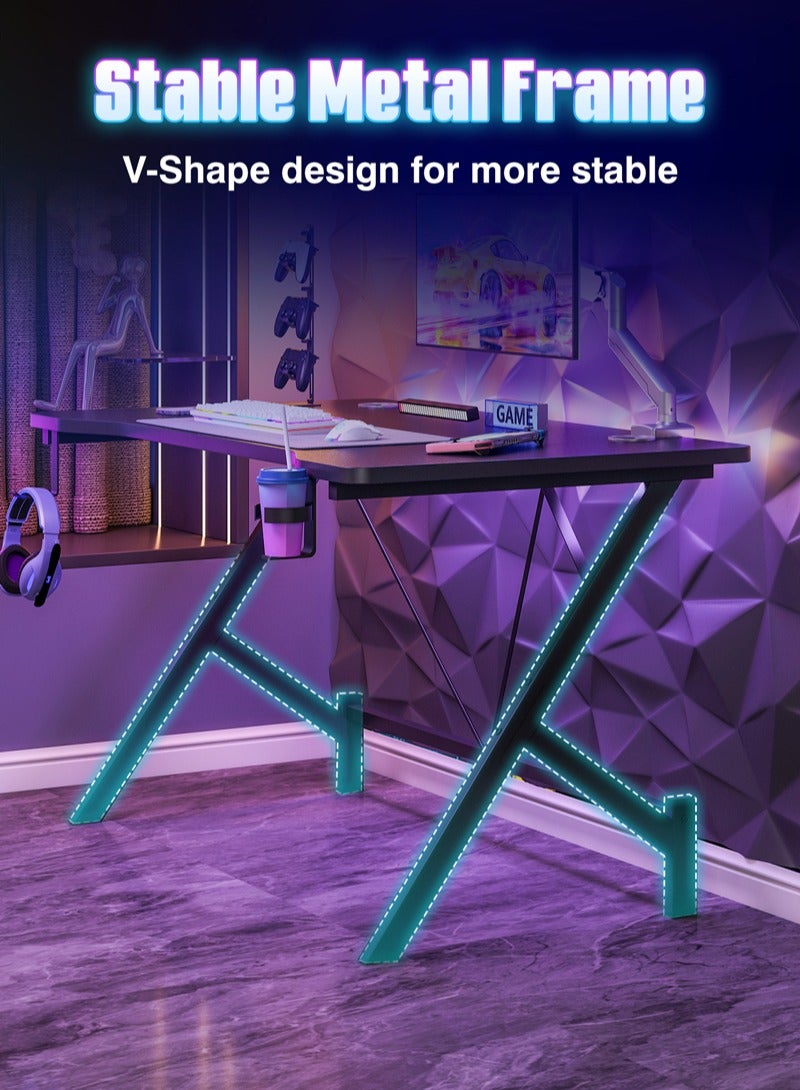 Lafulaifu طاولة ألعاب مريحة بسطح من ألياف الكربون، وخطاف سماعة رأس وحامل أكواب، ومكتب ألعاب 110×55×74 سم، ومكتب دراسة بفتحات كابلات مزدوجة، ومكتب كمبيوتر مثالي للاعبي الألعاب - Image 5