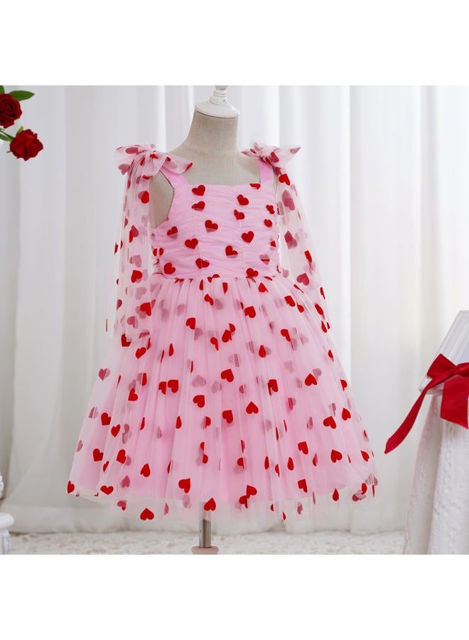 IMEKIS Toddler Kids Girls Birthday Dress Shiny Heart Tulle Ruffled Tutu Dresses Tea Party Photo Shoot 4-10T, Pink + Red Hearts, 7-8 Years - Image 2