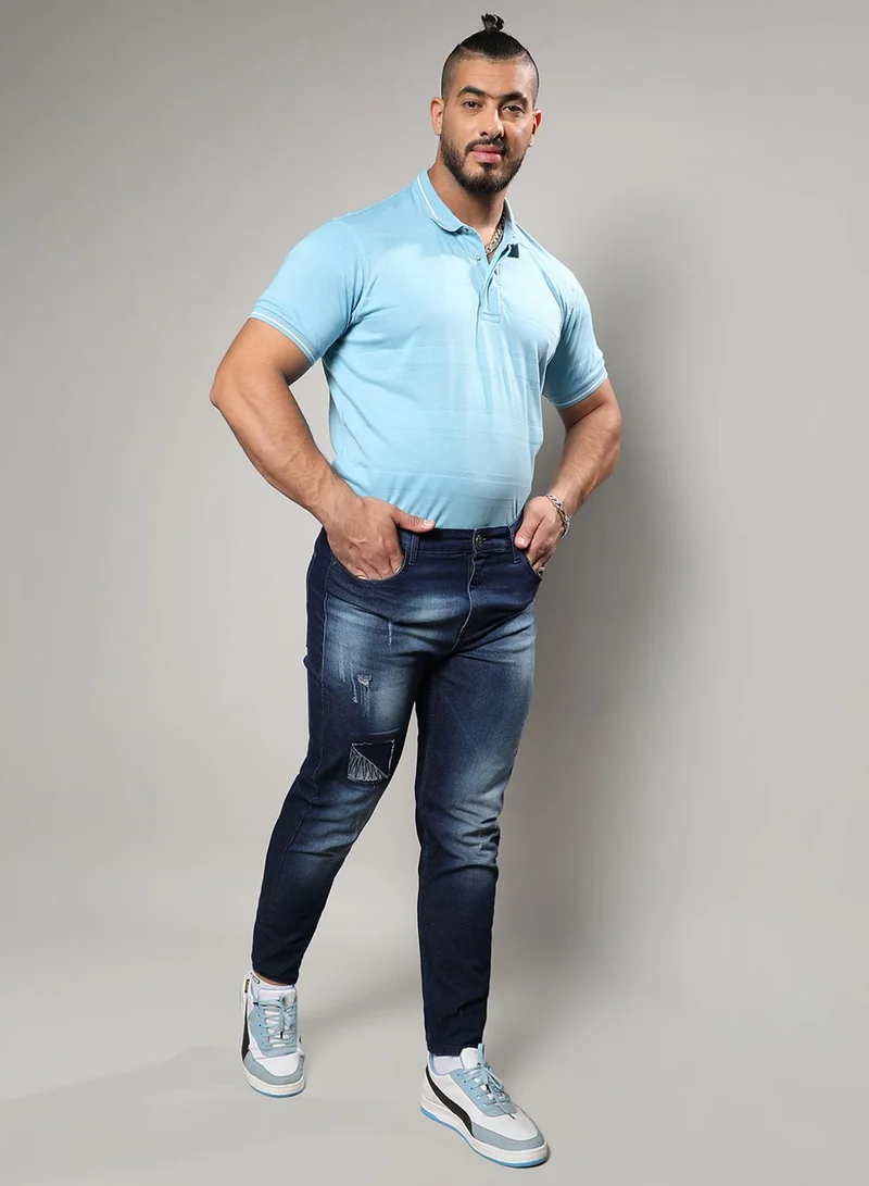 Instafab Plus  Instafab Plus Men's Navy Blue Embroidered Patched Denim Jeans For Casual Wear | 5 Pockets | Dark-Wash | Button Closure | Denim Jeans Crafted With Comfort With For Everyday Wear for Men | Best Price UAE