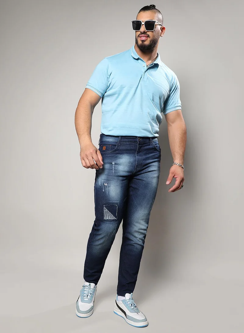 Instafab Plus  Instafab Plus Men's Navy Blue Embroidered Patched Denim Jeans For Casual Wear | 5 Pockets | Dark-Wash | Button Closure | Denim Jeans Crafted With Comfort With For Everyday Wear for Men | Best Price UAE