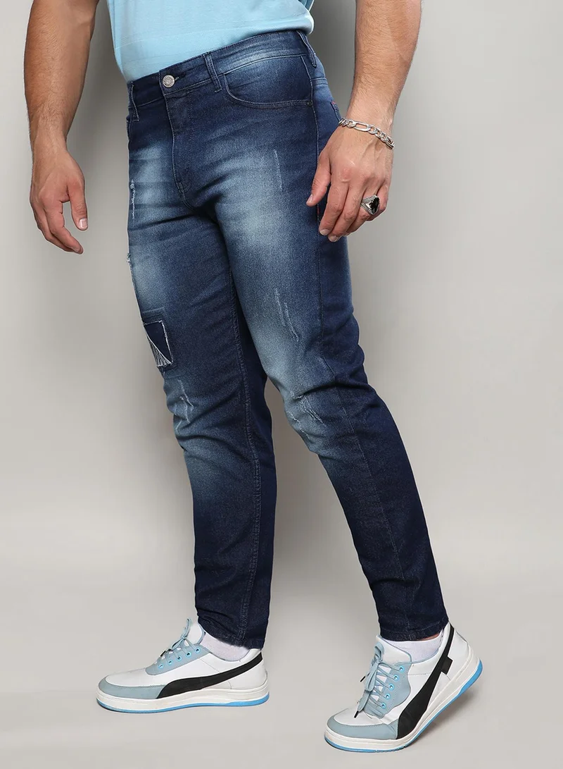 Instafab Plus  Instafab Plus Men's Navy Blue Embroidered Patched Denim Jeans For Casual Wear | 5 Pockets | Dark-Wash | Button Closure | Denim Jeans Crafted With Comfort With For Everyday Wear for Men | Best Price UAE
