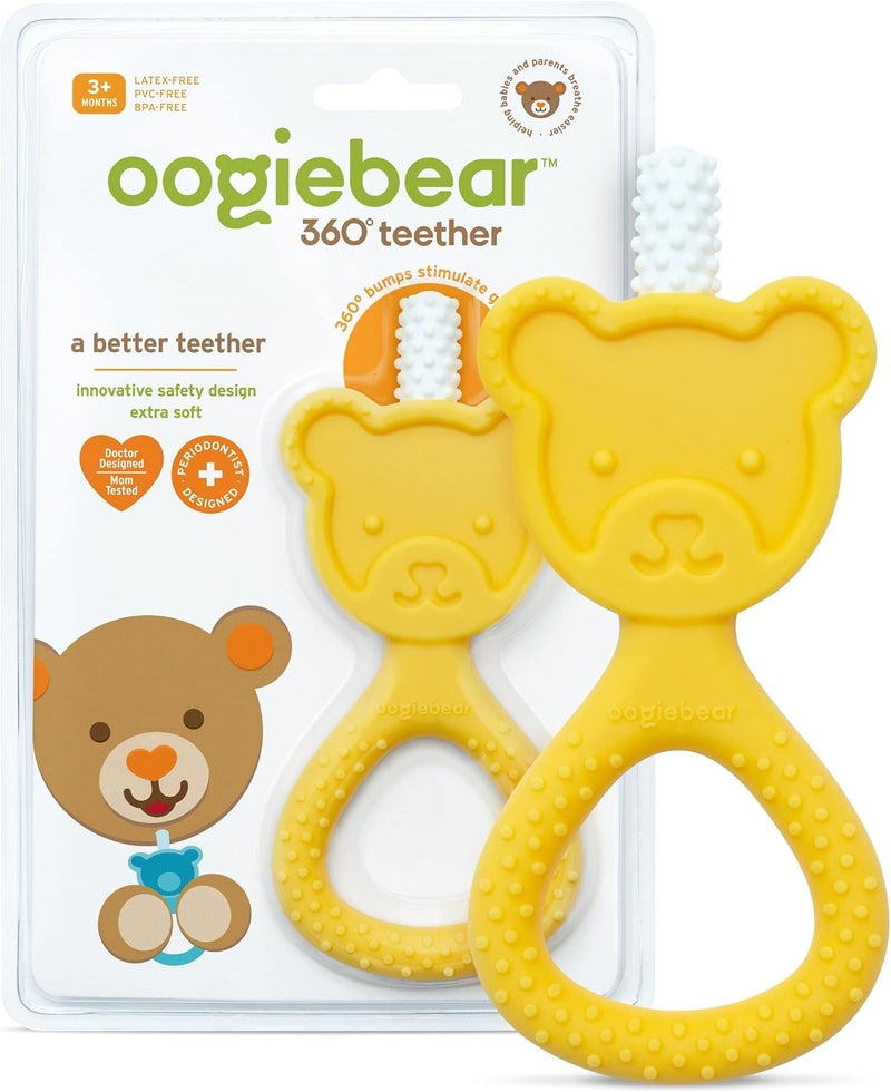 oogiebear 360˚ Teether - Safe Teething Toys for Babies 3 Months and Older | Soft Bristle Teddy Bear Silicone Teether | Super Soft BPA-Free Silicone Teether Toy - Yellow - Image 1