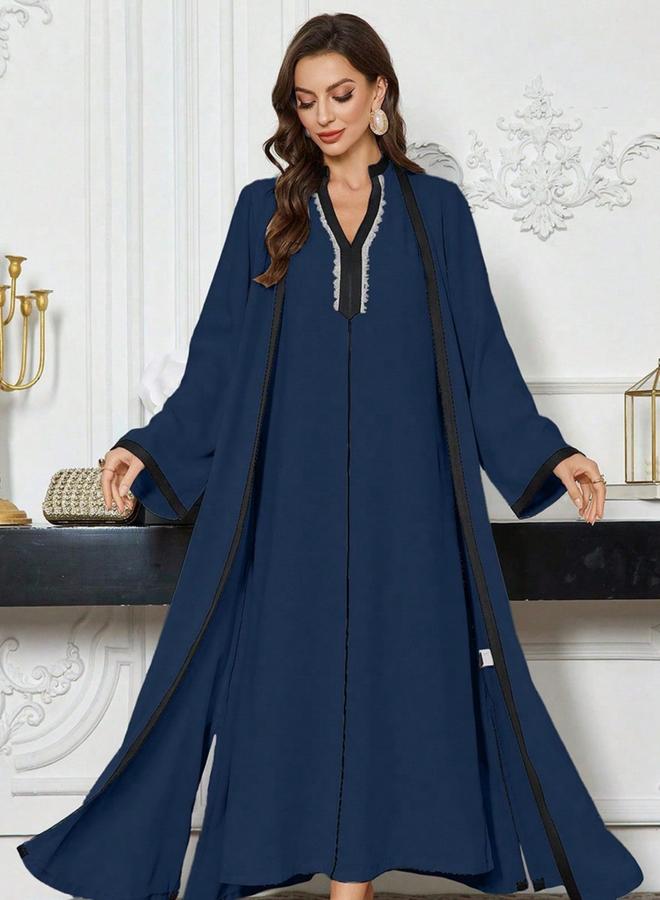 Take Two Contrast Trim Open Front Kimono and Inner Dress Modest Set - Image 2