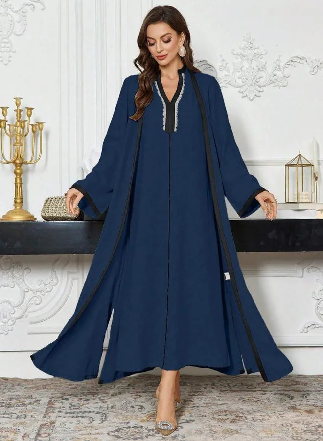Take Two Take Two Contrast Trim Open Front Kimono and Inner Dress Modest Set