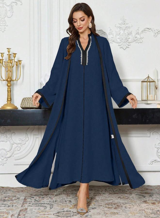 Take Two Contrast Trim Open Front Kimono and Inner Dress Modest Set - Image 1