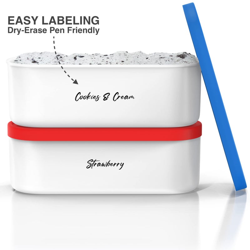 BALCI Ice Cream Containers - 2 Quart Ea. (Set of 2) - Premium Reusable Freezer Storage for Homemade Ice Cream Tub for Sorbet, Frozen Yogurt - Flexible Silicone Lids, Long Scoop, Stackable - Blue & Red - Image 2