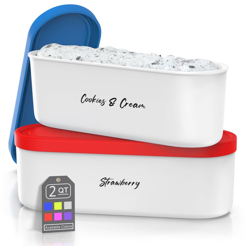 BALCI Ice Cream Containers - 2 Quart Ea. (Set of 2) - Premium Reusable Freezer Storage for Homemade Ice Cream Tub for Sorbet, Frozen Yogurt - Flexible Silicone Lids, Long Scoop, Stackable - Blue & Red - Image 1