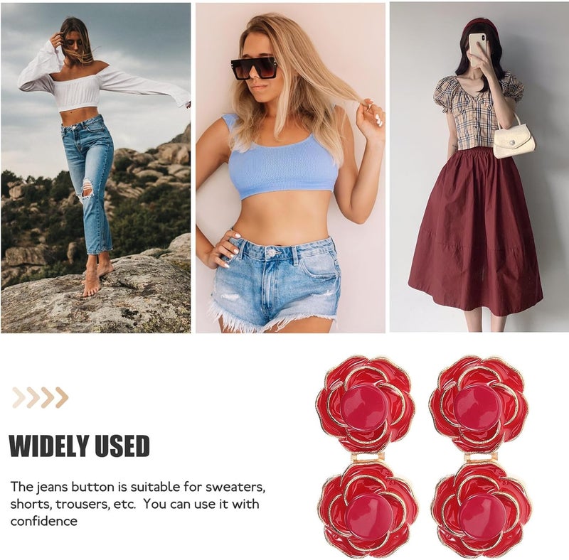 4pcs Red Camellia Waist Cincher Buttons for Jeans No-sew Pant Tighteners for Women Detachable Flat Rose Waist Buckles - Image 3