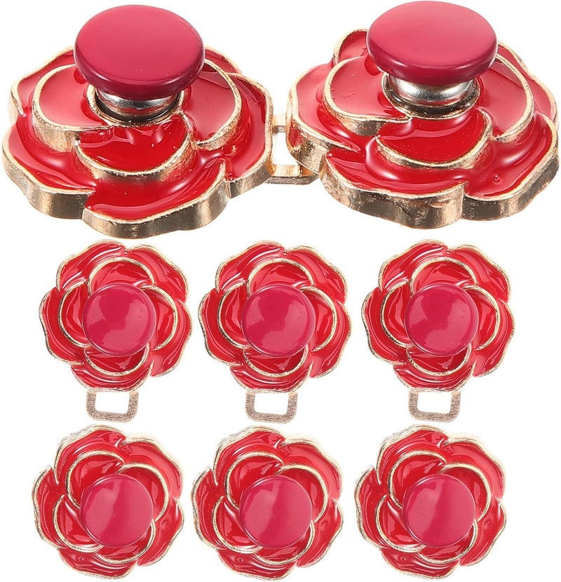 4pcs Red Camellia Waist Cincher Buttons for Jeans No-sew Pant Tighteners for Women Detachable Flat Rose Waist Buckles - Image 1