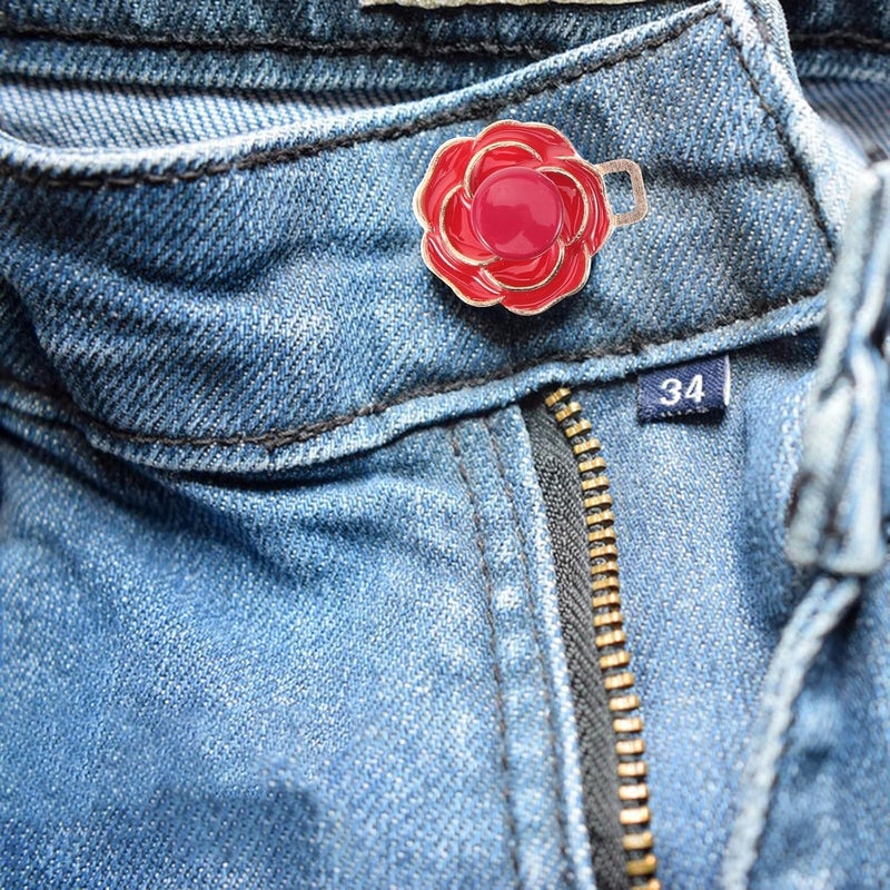 4pcs Red Camellia Waist Cincher Buttons for Jeans No-sew Pant Tighteners for Women Detachable Flat Rose Waist Buckles - Image 4
