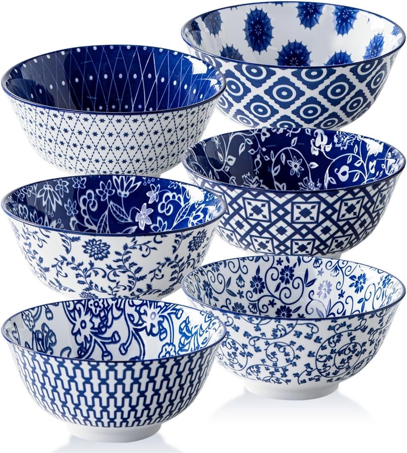 Cerkik Ceramic Soup Bowls Set  24 Oz Deep Cereal Bowl for Kitchen  6 Inch Large Porcelain Dinner Bowl Eating Salad Pasta Dessert Oatmeal  Microwave Dishwasher Safe  Set of 6  Vintage Blue - Image 1