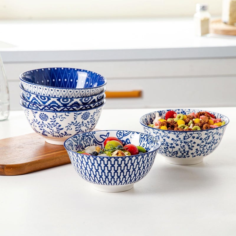 Cerkik Ceramic Soup Bowls Set  24 Oz Deep Cereal Bowl for Kitchen  6 Inch Large Porcelain Dinner Bowl Eating Salad Pasta Dessert Oatmeal  Microwave Dishwasher Safe  Set of 6  Vintage Blue - Image 3
