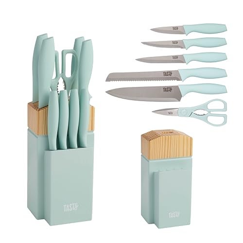 Tasty Kitchen Knife Set with Block, Cutlery Set includes Chef, Bread, Utility, Paring, Steak Knives & Shears, 10-Piece, Aqua - Image 1